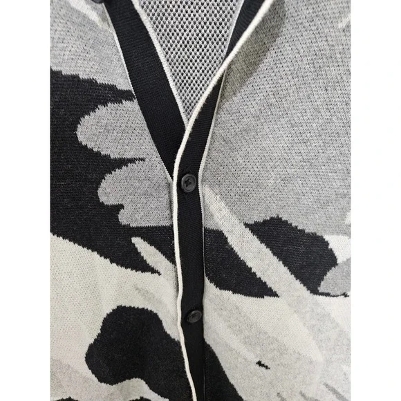 Express Mens Floral Knit Button Down Polo Shirt Black Grey Tropical Leaf Large - Picture 4 of 6